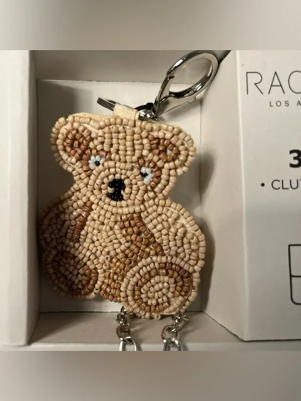 Rachel Zoe Silver Beaded Teddy Bear Clutch Shoulder Strap Card Case Bag Charm - Image 4