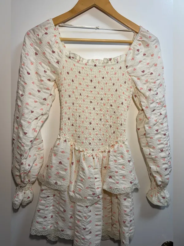 Heart Print Smocked Mini Dress XS Cottagecore Coquette Puff Sleeve Lace Trim - Image 2