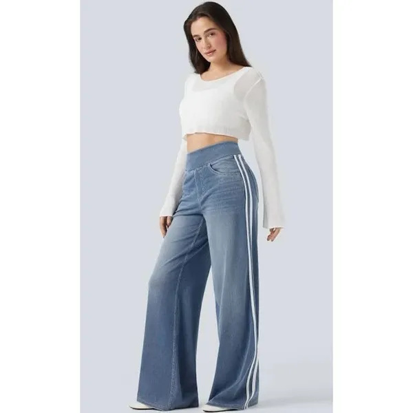 Halara Flex High Waisted Stripe Wide Leg Jeans Light Blue Wash L Regular - Image 2