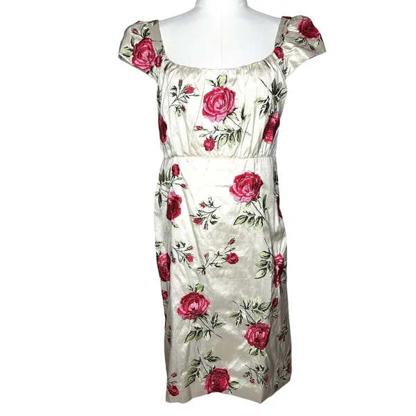 vintage Ivory Floral Brocade Pink Rose Print Empire Waist Cottagecore Midi Dress - Image 2