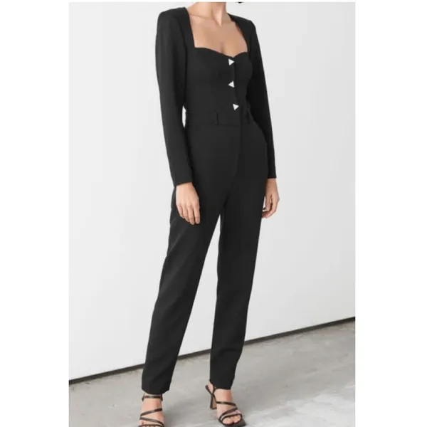 &‎ Other Stories Black Jumpsuit W Retro Triangle Diamond Studded Buttons Size 0 - Image 8
