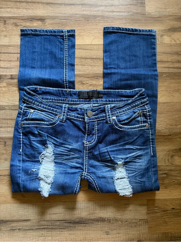 Premier emblished low rise distressed dark wash bootcut denim jeans 3/4 grunge - Image 6