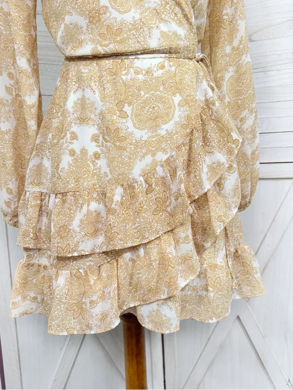 Jun‎ & Ivy by Francesca's Floral Boho Ruffle Wrap Mini Dress Yellow Cream Small - Image 6