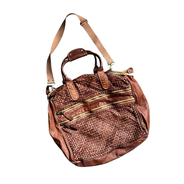 Bruno Magli Brown Woven Leather Duffle Satchel Travel Bag Made Italy Y2K - Image 3