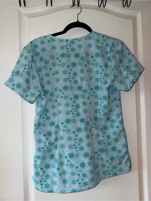Aqua Floral Snowflake Scrub Top Blue - Image 2