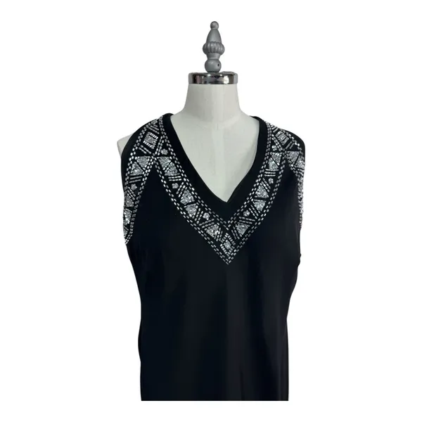 Black Beaded V Neck Evening Gown Formal Sleeveless Petite‎ Short Hem Women's - Image 2