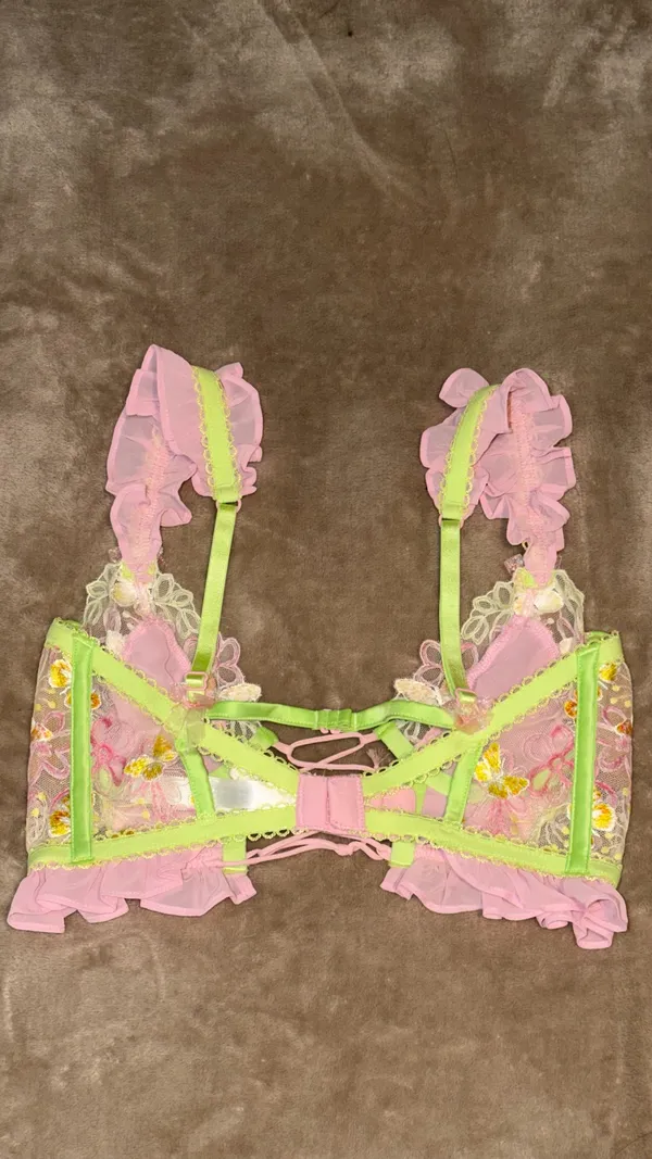 Exclusive For Love & Lemons & Victoria's Secret. Pink bra with yellow & orange floral embroidery and green trim #lingerie #floral - Image 4
