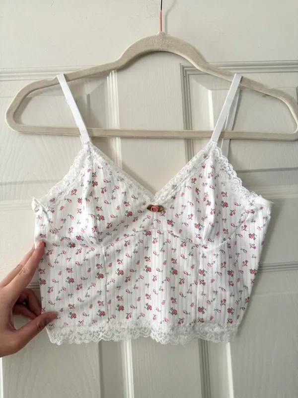 Pink Floral Lace Trim Rosette Tank & Short Set - Image 3