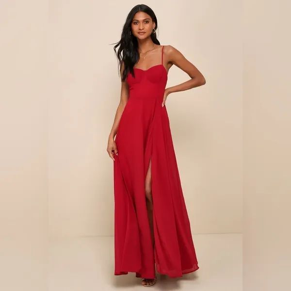 LULU’S Cause For Commotion Red Pleated Bustier Maxi Dress - Image 4
