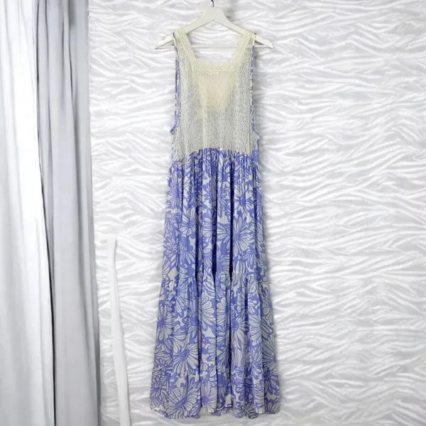 Free People Tiers For You Blue Floral Crochet Boho Maxi Slip Dress NWT - Image 5