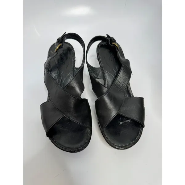 Born Wedge Sandals Womens 8 Black Good Leather Crisscross Slingback D99503 - Image 2