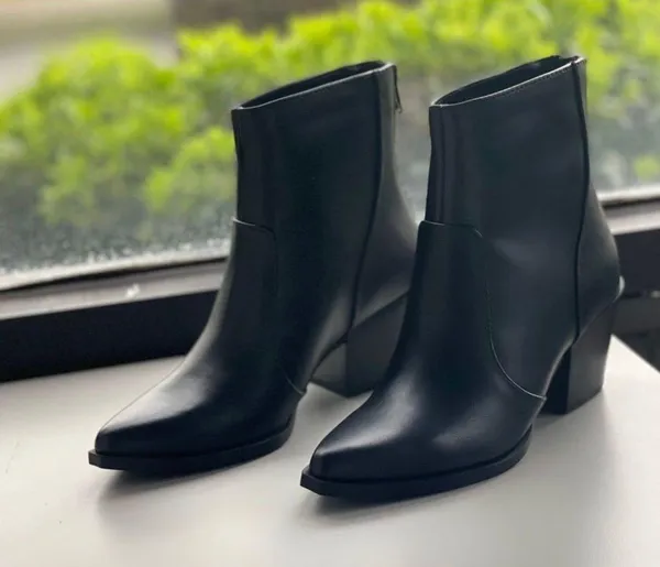 Soda Black Almond Toe Vegan Leather Stacked Heel Bootie - Image 3