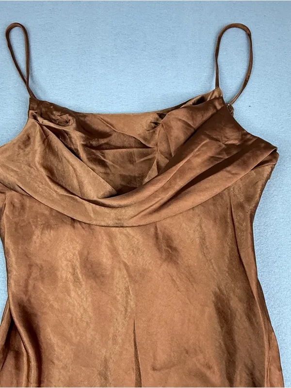 Selfie Leslie Chocolate Brown Satin Cowl Neck Maxi Slip Dress L NWT - Image 3