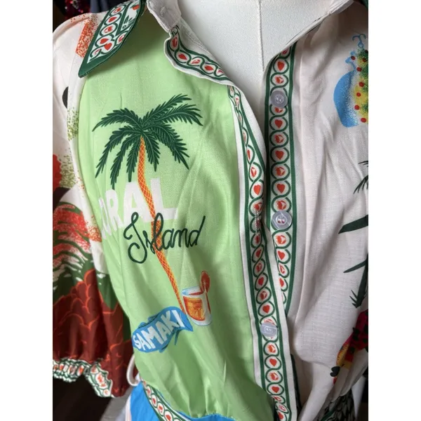 Tropical Patchwork Mini Dress XL Resort Print Designer Inspired Puff Sleeve - Image 7