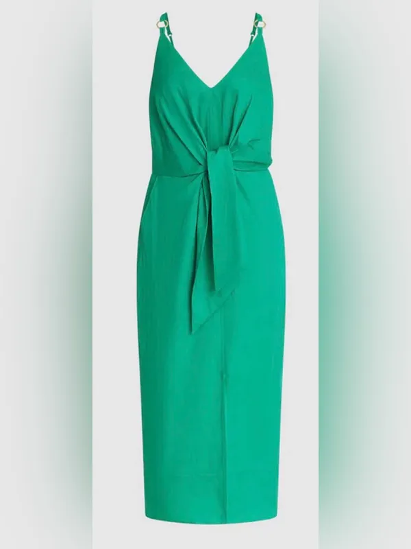 NEW Reiss Kay Green Tie Detail Linen Midi Dress Sz 6 - Image 3