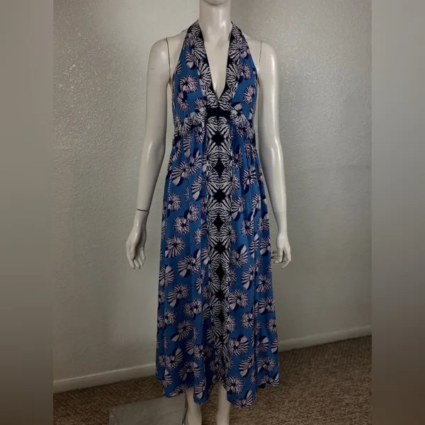 By Anthropologie XS Halter Cutout Midi Dress Maxi Blue Seashells Print. J-13 - Image 3