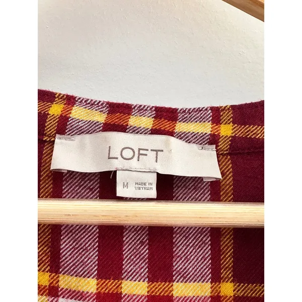 LOFT Flannel Babydoll Tiered Mini Dress Medium Red Yellow Tartan Plaid Medium - Image 4