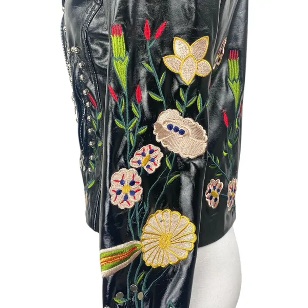 Elli White Black Faux Leather Floral Embroidered Studded Moto Biker Jacket Sz S - Image 4