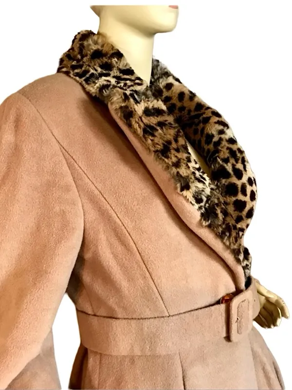 Oronero Tan Italian Wool & Animal Print Rabbit Fur Collar Coat (8) - Image 9
