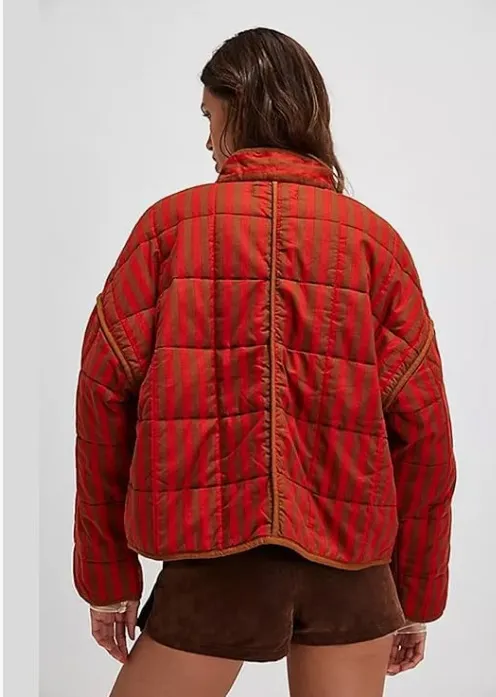 Amazon Women's Loose Retro Striped Quilted Jacket Stand Collar Cropped Puffer Outerwear Vintage Coat with Contrast - Image 3