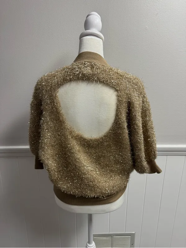 Maeve Violette Short-Sleeve Tinsel Pullover Sweater Metallic Gold Honey Small - Image 13