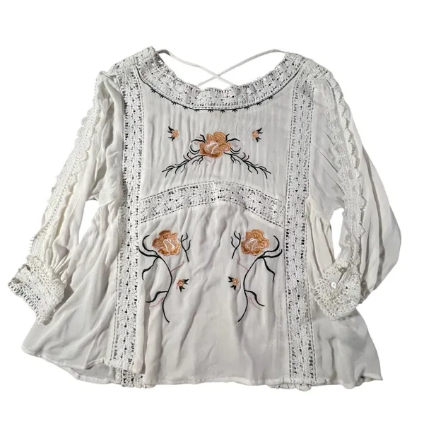 POL Embroidered Floral Lace Blouse Women‎ S White WFT45 Boho Crochet Pintuck Top - Image 2