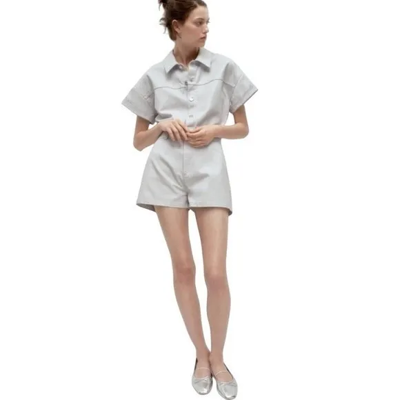 Zara NWOT Denim Gray/Silver Shimmer Utility‎ Button-Up playsuit - XS - Image 6