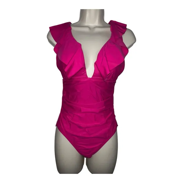 J. Crew Ruched Ruffle One Piece Swimsuit Pink NWT‎ Size 2 Colorful Bright Girly - Image 2