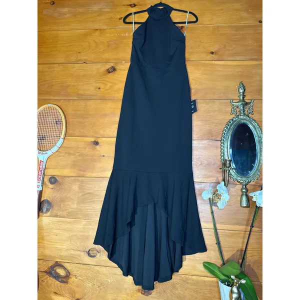 NWT Lulus Elegant Grace Black Tiered Halter High-Low Maxi Dress Backless Gala M - Image 2