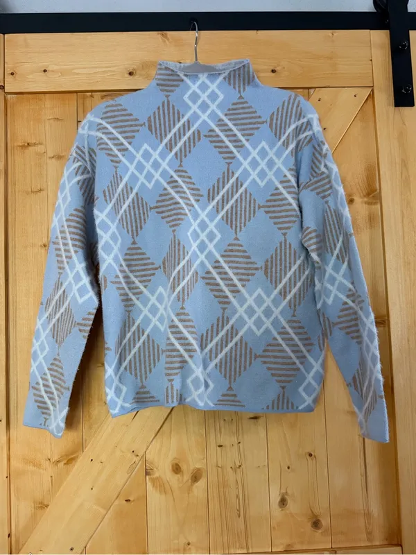 Rachel Zoe Blue & Tan Diamond Pattern Mock Neck Sweater Large - Image 2