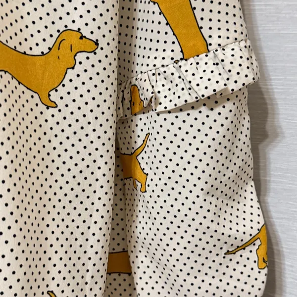 Zara Woman‎ Dachshund Dog Polka Dot Blouse Cream Yellow Small Ruffle Tie Sleeve - Image 4