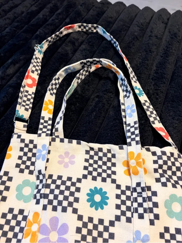 Checkerboard Floral Canvas Tote Bag in Multi-Color - Image 4