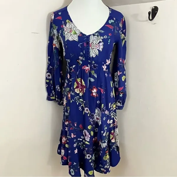 Anthropologie Maeve Purple Floral Long Sleeve Ruffle Hem Dress XS/S - Image 4
