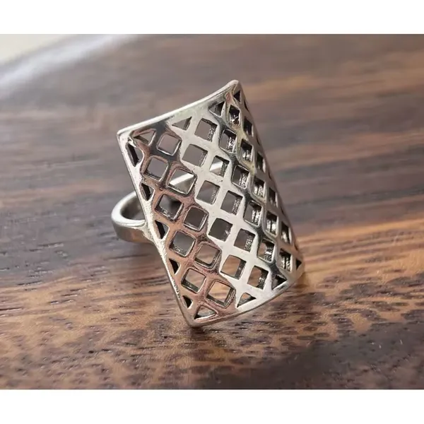 Solid Statement Ring White Gold Plated Sterling Adjustable‎ Lattice Wide Band - Image 13