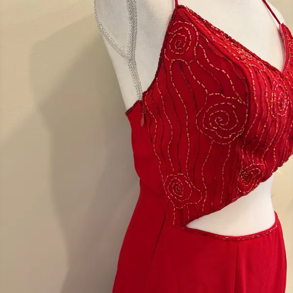 VTG Y2K Showtime Red Beaded Asymmetrical Midriff Cutout Prom Gown Sexy Witch 90s - Image 4