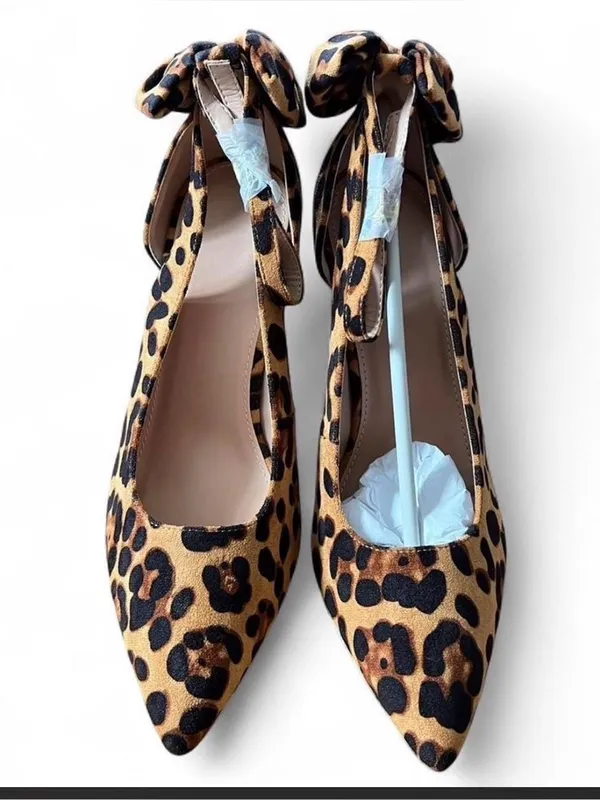 Leopard Print Bow Stiletto Heels – Size 9 – Pointed Toe Ankle Strap Pumps – NWT Tan - Image 2