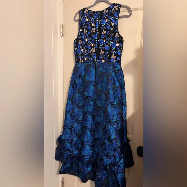 Badgley Mischka Belle‎ Blue Tapestry Jacquard Gown Dress Blue Retro High Low - Image 4
