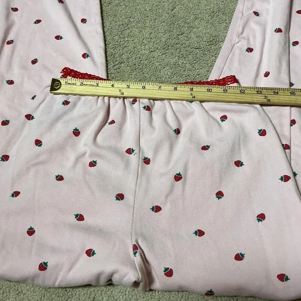 Y2K Pink Strawberry‎ Print Pajama Set Cotton Lace Trim Lettuce Edge Small - Image 5