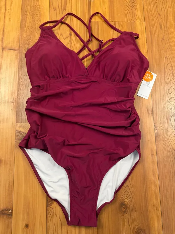 Charmo Ruched One Piece Swimsuit Maroon V-Neck Crisscross Back Tummy Control XL - Image 2