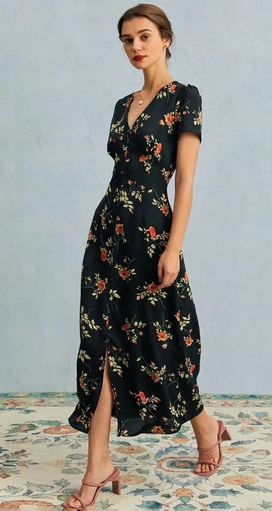 RIHOAS The Black V Neck Floral Short Sleeve Maxi Dress - Image 2