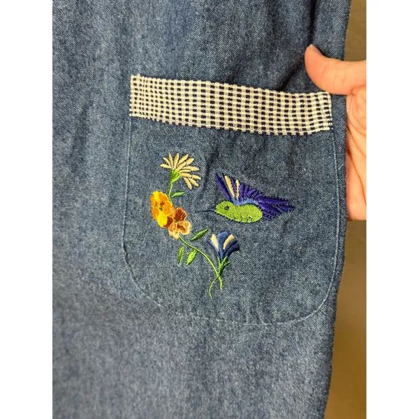 Teddi Vintage Denim Embroidered Hummingbird Pinafore Jumper Dress Blue Large - Image 5