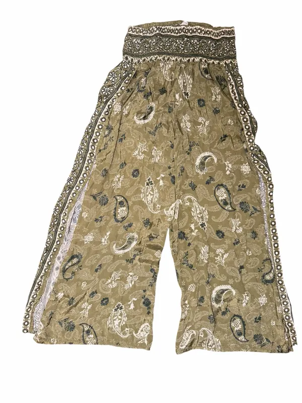 Earthbound Olive Paisley Split Leg Palazzo Pants Boho Festival Medium Hippie - Image 4