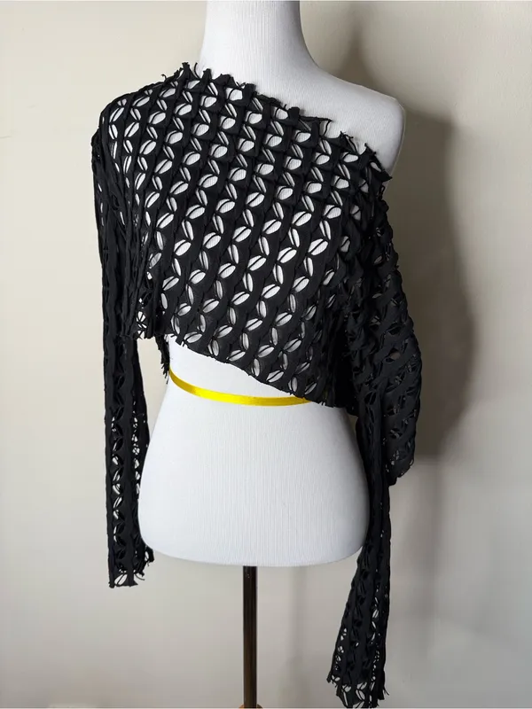 Pretty Damage Black Laser Cut Cropped Long Sleeve Top - Image 6