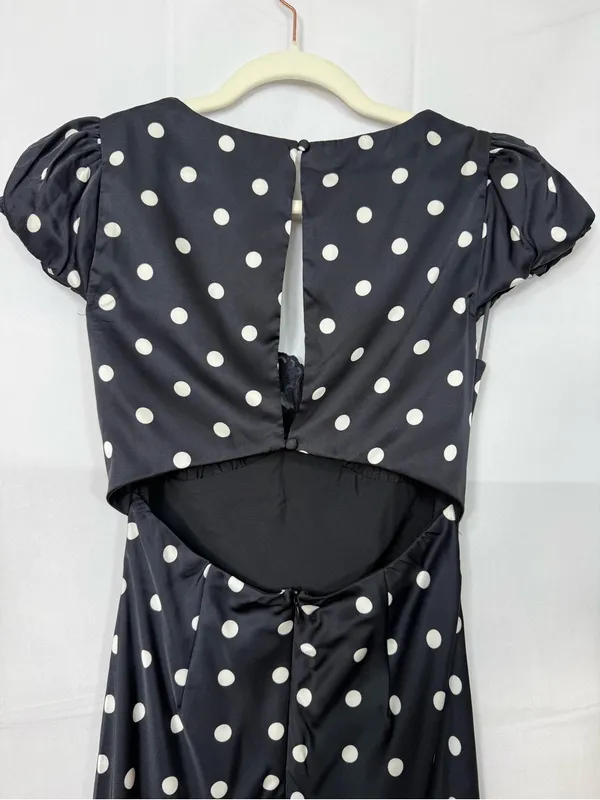 Vestique Mariselle Maxi Dress Polka Dot Lace Puff Sleeve Black White Satin - Image 10