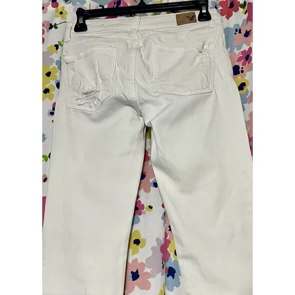 American Eagle jeans Size 00 White Stretch Denim Distressed Ripped Classic - Image 6