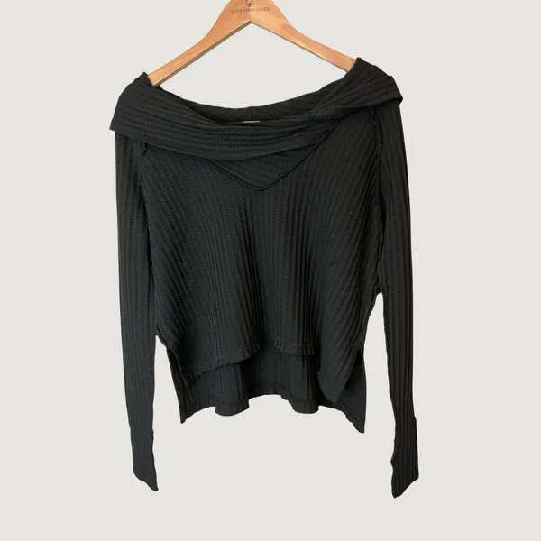 We The Free Free People Black Waffle Knit Cowl Neck Thermal Top XS - Image 3