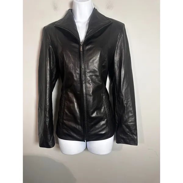 Cole Haan Womens Black Genuine‎ Lambskin Leather Wing Collar Zip Jacket Medium - Image 4