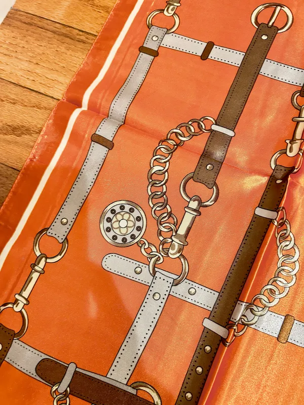 Vintage Equestrian horsebit&chain print oversized hand rolled silky Scarf 35/35 - Image 12