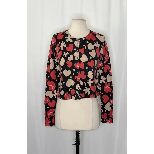 NWT!! FREE PEOPLE Nocturnal Patterned Cardi Black Retro Combo Hearts Floral XS - Image 2
