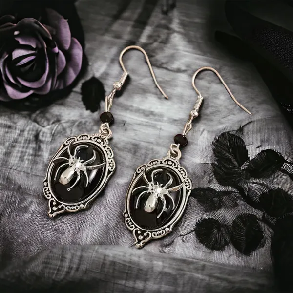 Gothic Retro Style Black Gemstone Spider Earrings Faux Fashion Jewelry‎ - Image 2